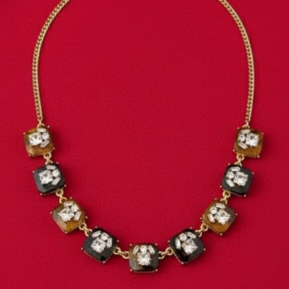 J Crew Gold Tortoise Shell Crystal Statement Necklace Womens Square Settings - Picture 1 of 9